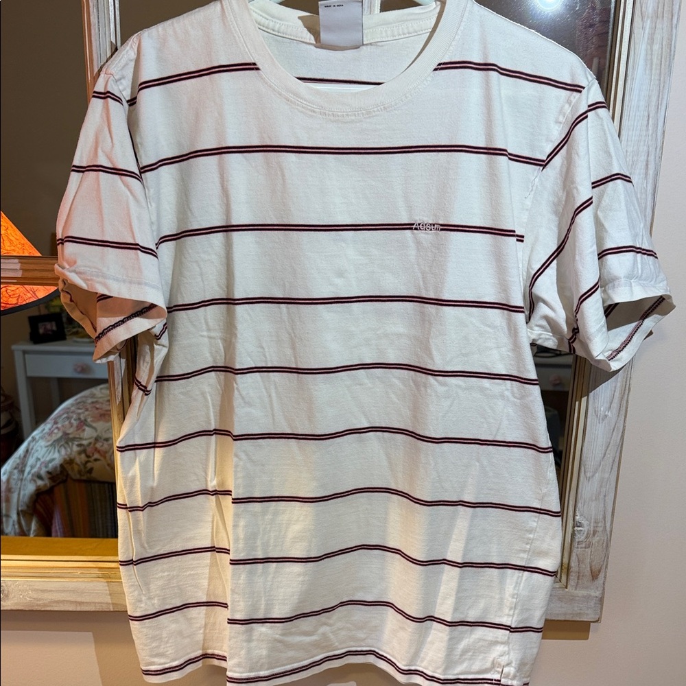 Cream Tee with Thin Burgundy Stripes
